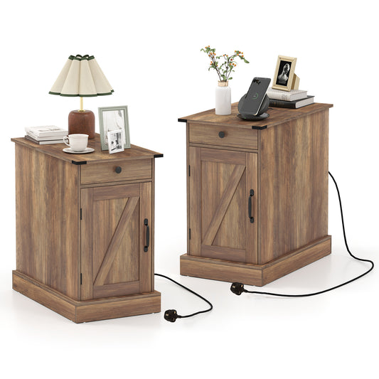 End Table Set of 2 with Charging Station and Storage Drawer-Rustic Brown, showing two tables with charging cables
