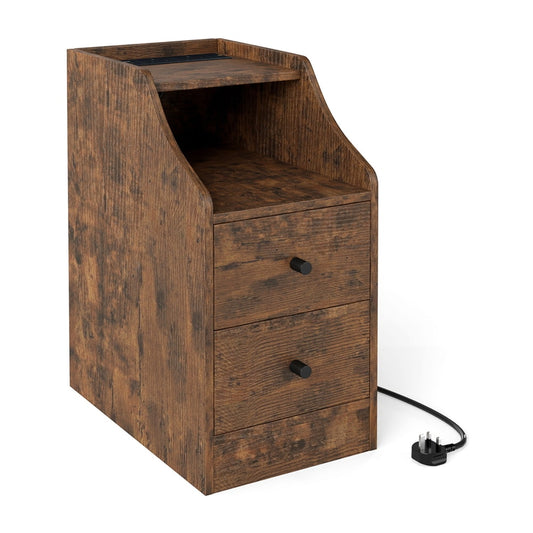 End Table with Charging Station with two drawers and a rustic brown finish