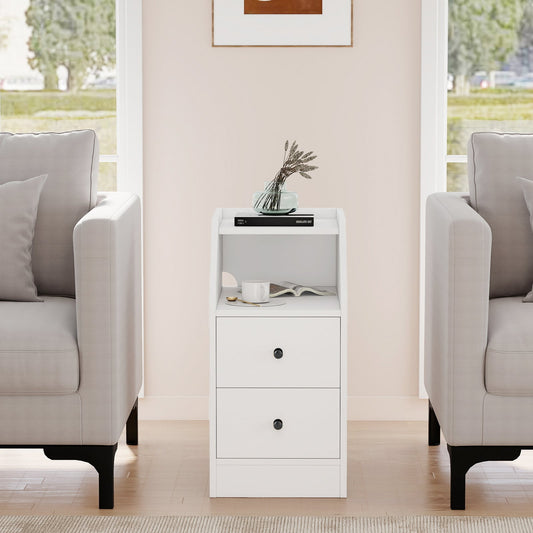 White end table with charging station and storage drawers placed between two sofas in a living room
