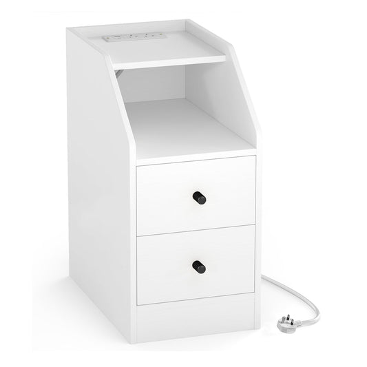 End Table with Charging Station and Storage Drawers in white, showing the top shelf with power outlets and two drawers