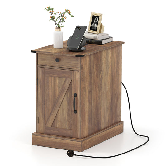 End Table with Charging Station Farmhouse Bedside Table with storage drawer and charging port on top