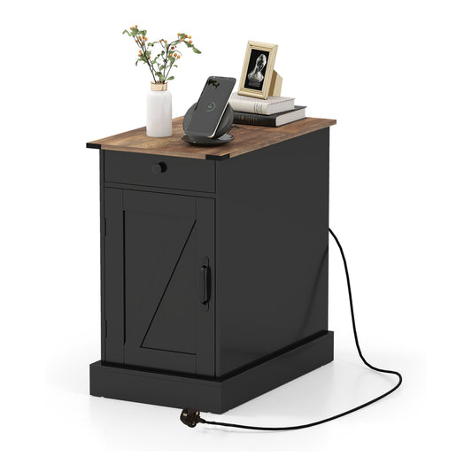 End Table with Charging Station Farmhouse Bedside Table in black with a wooden top and a drawer