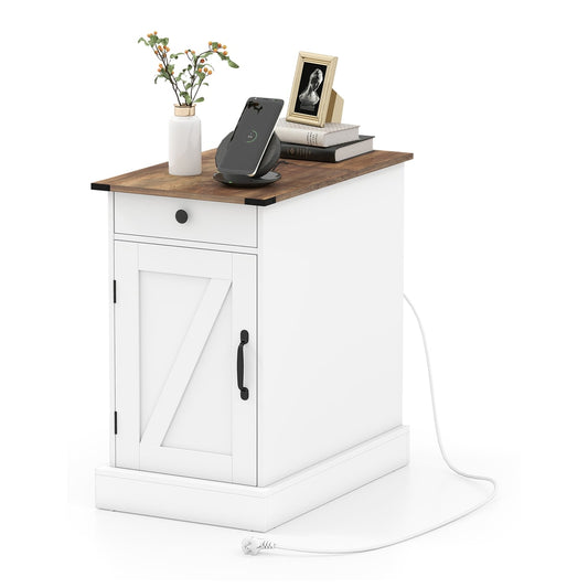 End Table with Charging Station Farmhouse Bedside Table in white with a wooden top and a charging phone