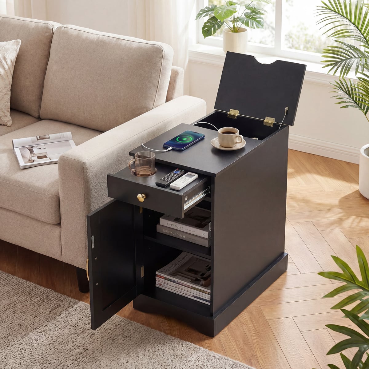 End Table Narrow Nightstand Bedside Table with Charging Station-Black