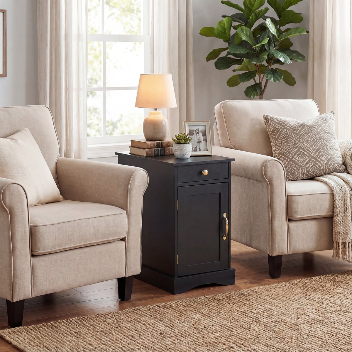 End Table Narrow Nightstand Bedside Table with Charging Station-Black