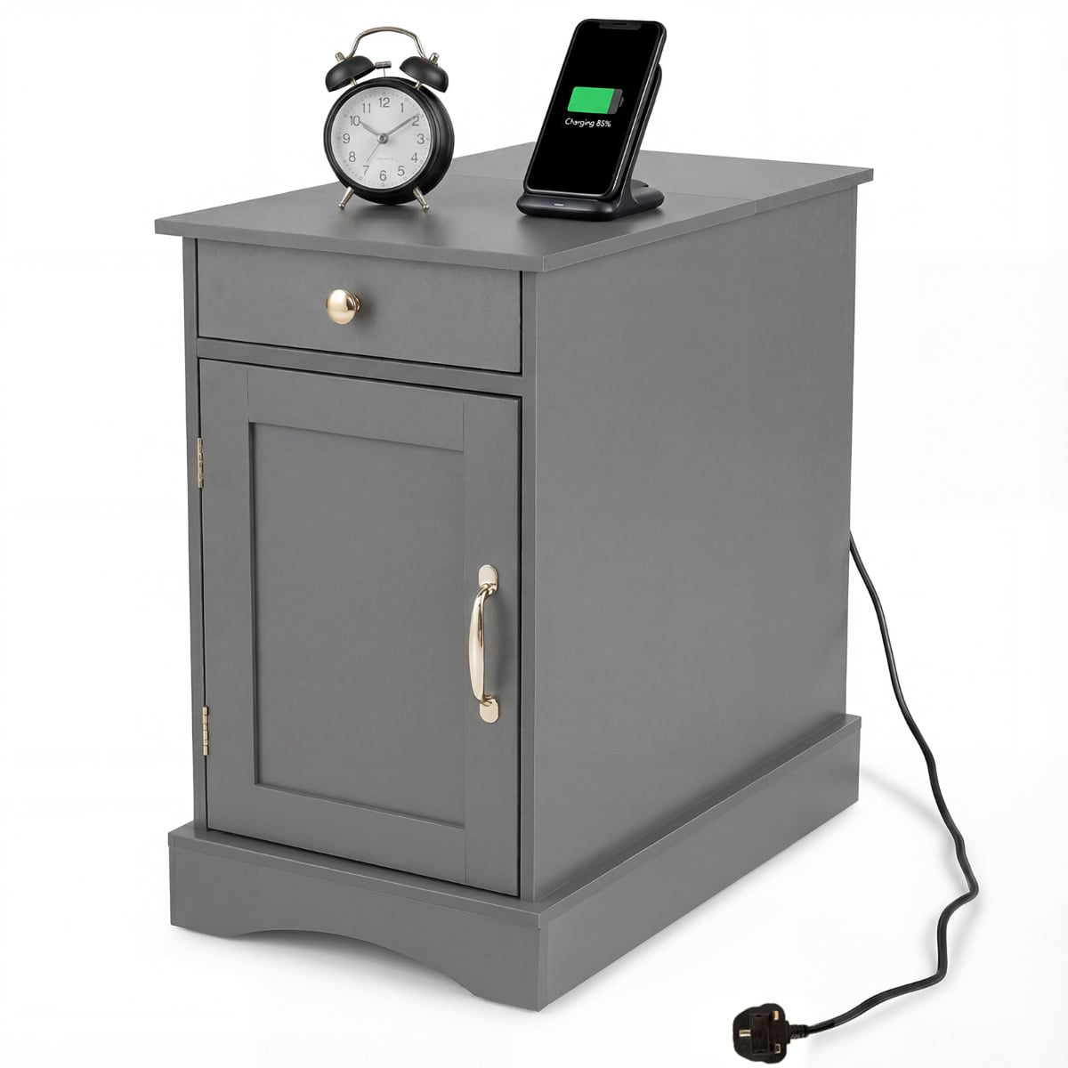 End Table Narrow Nightstand Bedside Table with Charging Station-Grey