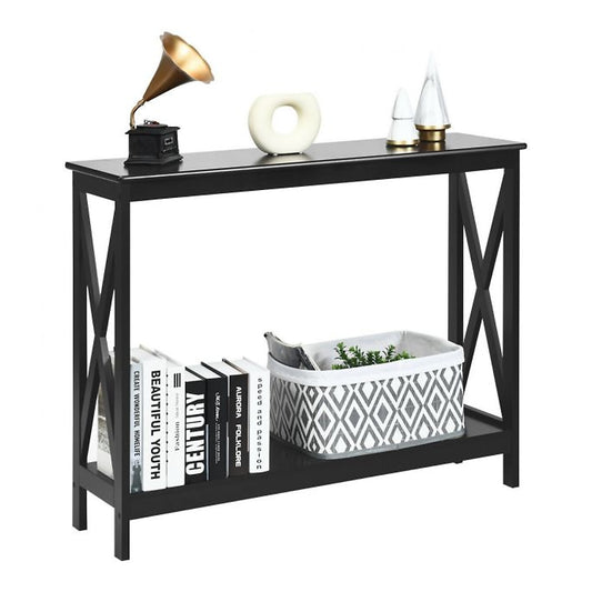 Entryway Set with Console Table Folding Suitcase Stand, a black console table with a shelf holding books and a basket
