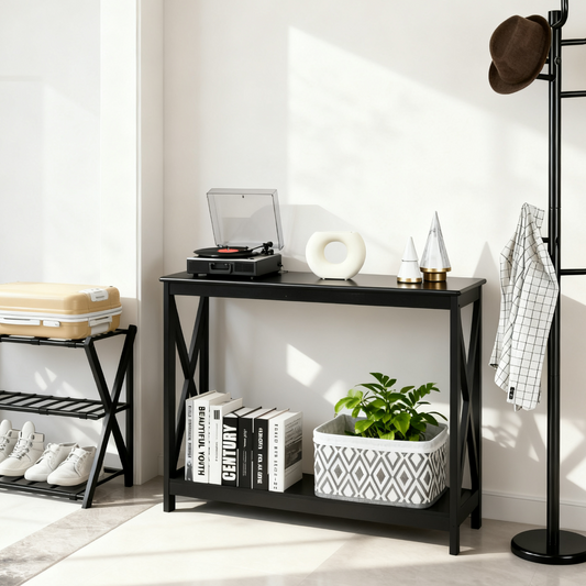 Entryway set with a black console table, a folding suitcase stand with shoes and a suitcase, and a coat stand with a hat and