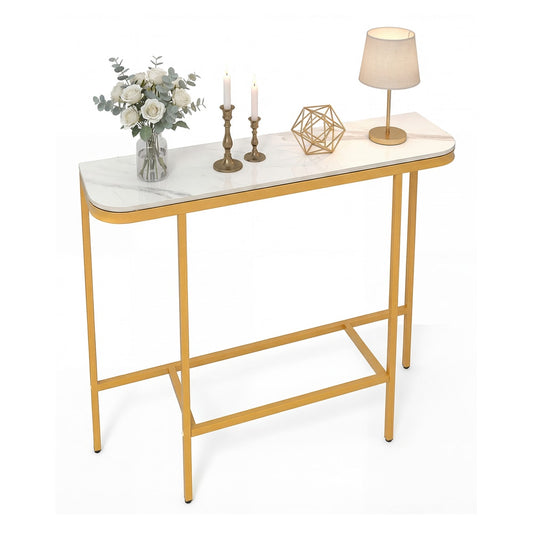 Entryway Table with a faux marble top and golden metal frame, shown with decorative items