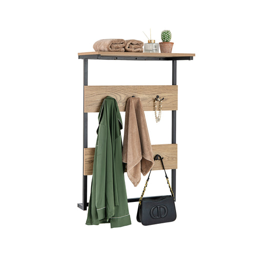 Entryway Wall Coat Rack with 6 Hooks and Display Shelf-Natural, front view with items