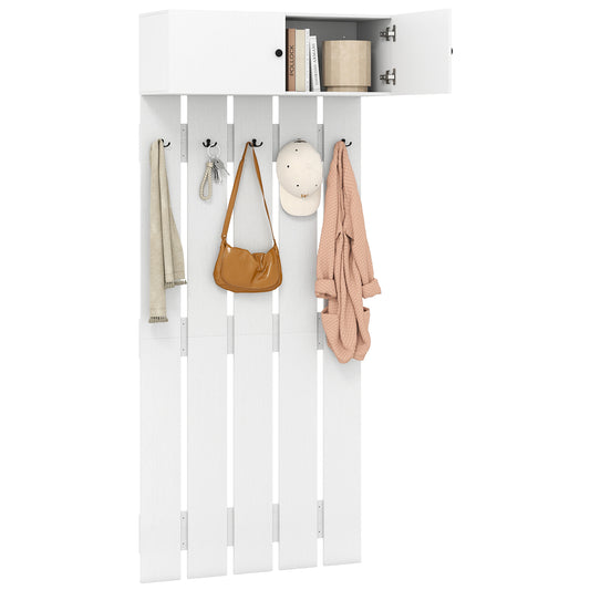 Entryway Wall Mounted Coat Rack with a white cabinet above five double hooks holding coats and bags