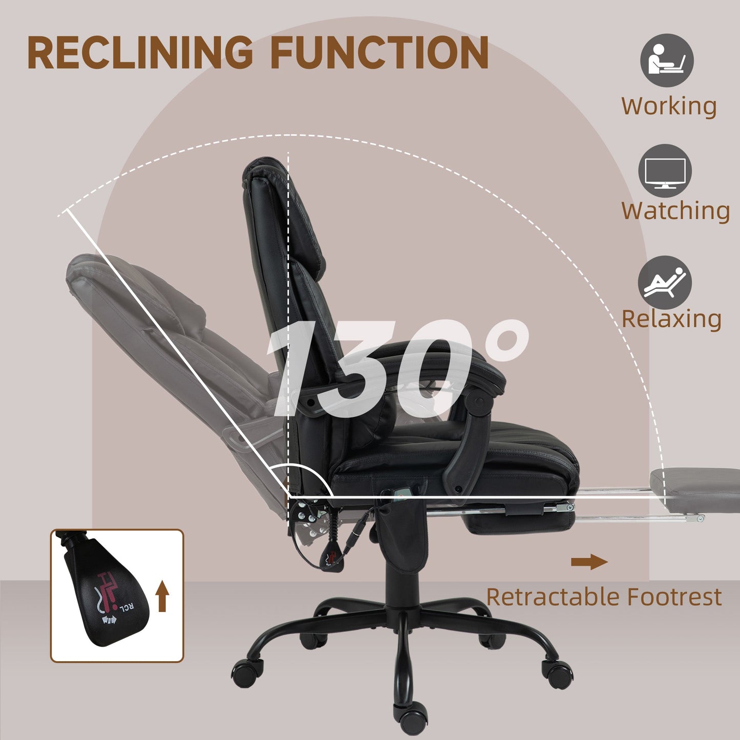 Vinsetto 6-Point Massage Office Chair, PU Leather Desk Chair with Adjustable Height and Footrest for Home Office, Black