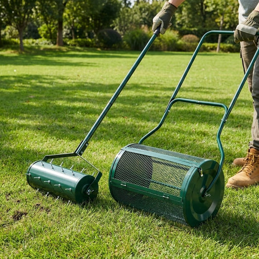 Ergonomic 2-in-1 Lawn Care Bundle: Deep Aerator Tool + U-Handle Compost Spreader on grass