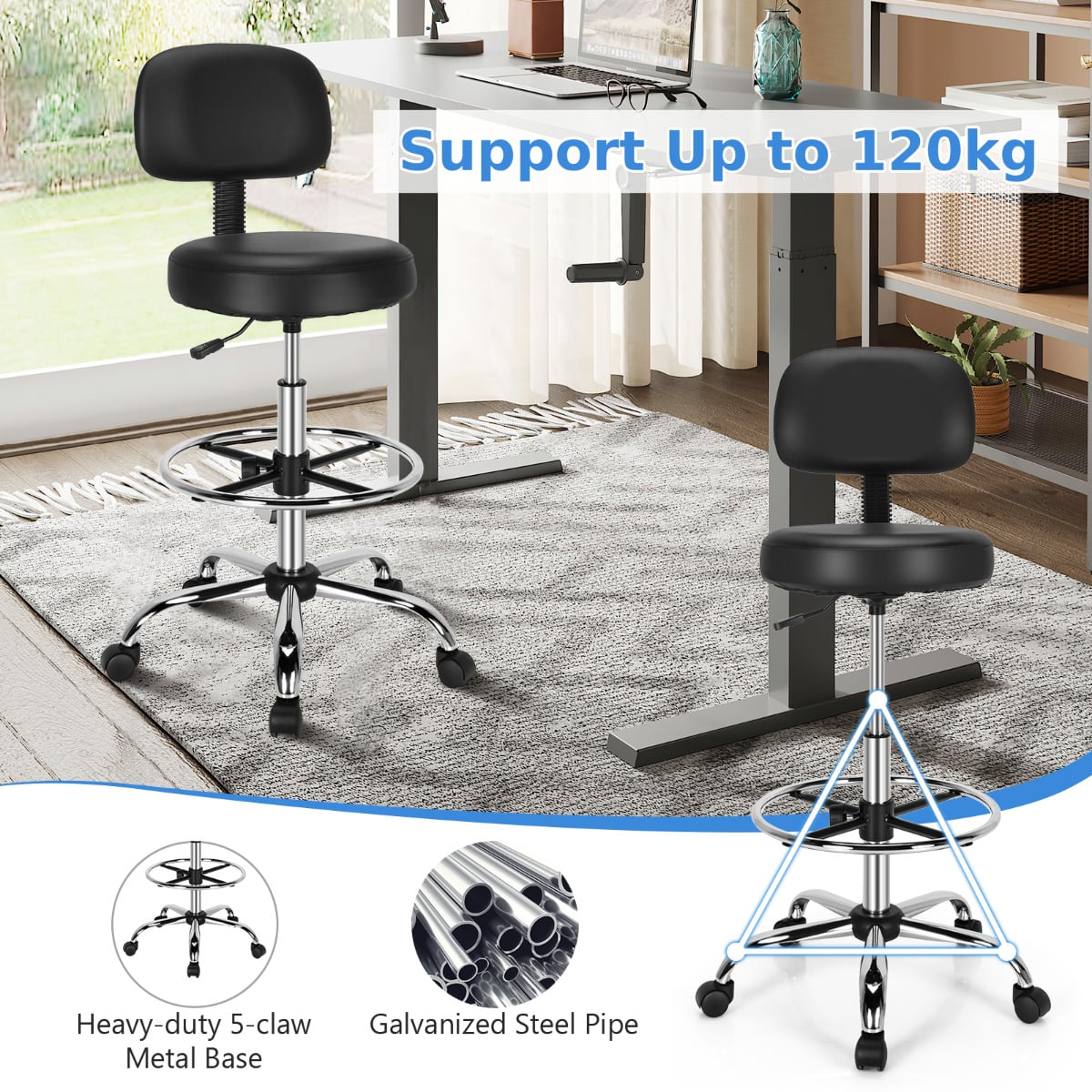 Ergonomic Drafting Chair Set of 2 with Backrest and Adjustable Footrest-Black
