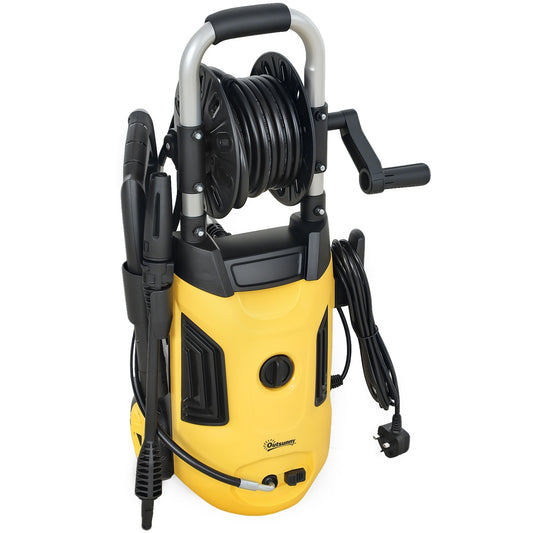 غسالة ضغط عالٍ Outsunny 1800W، ضغط 150 بار، تدفق 420 لتر/ساعة، منظف غسيل نفاث محمول مع فوهة قابلة للتعديل، خرطوم 6 متر، بكرة خرطوم، مقبض فولاذي للمنزل والفناء والسيارة والممر، أصفر