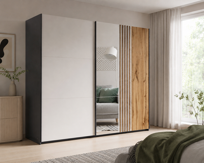 Evora Mirrored Sliding Door Wardrobe 250cm in Black Matt and Cashmere and Oak Wotan