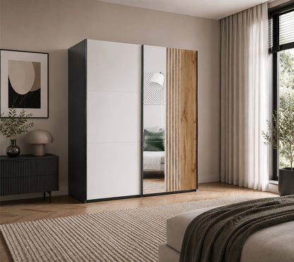 Evora Two Mirrored Sliding Door Wardrobe 203cm (EVORA-203) in Black Matt and Cashmere and Oak Wotan
