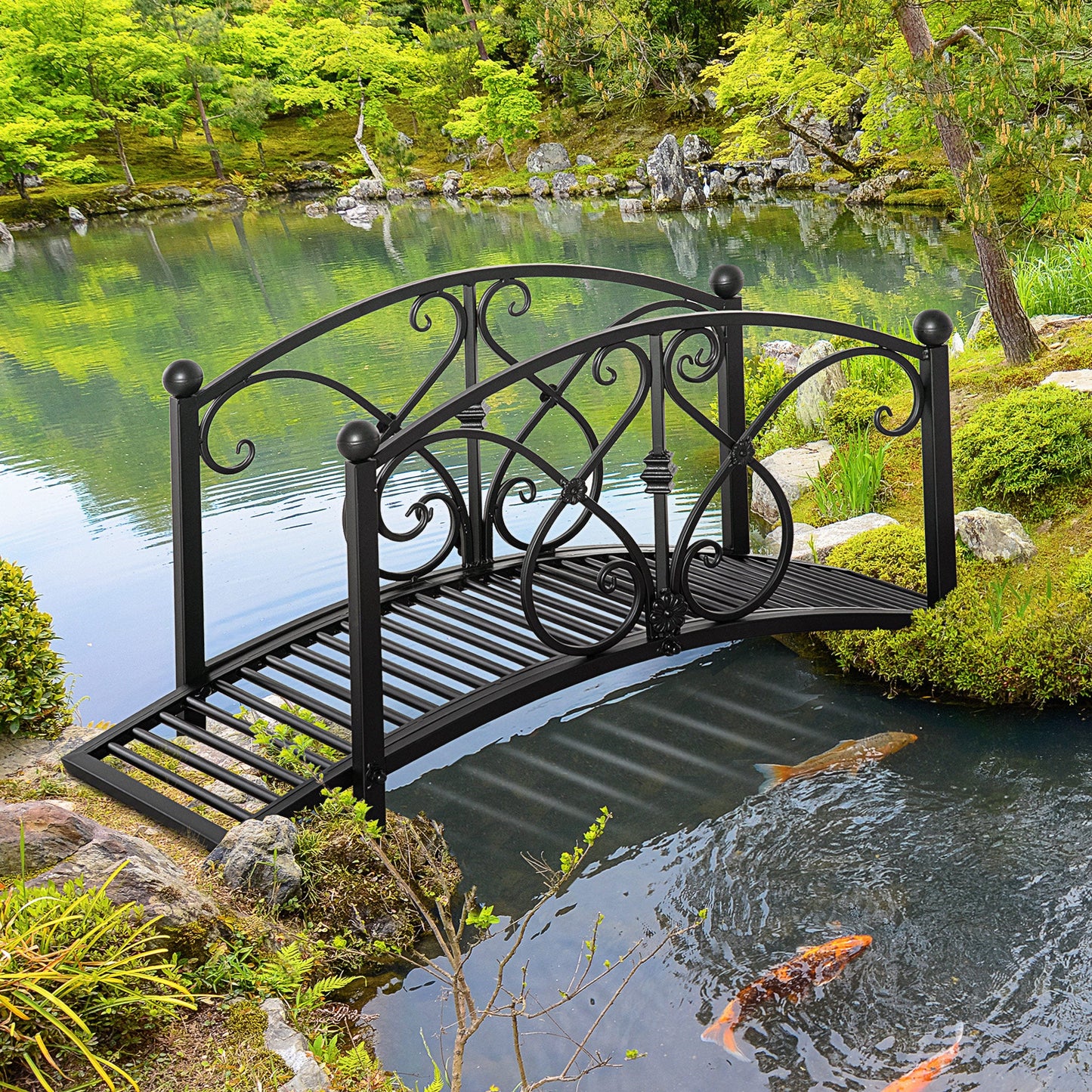 جسر حديقة معدني كلاسيكي من Outsunny مقاس 102 طولًا × 48 عرضًا × 49 ارتفاعًا مع درابزين أمان، جسر مقوس للمشاة، جسر زينة للبرك للفناء الخلفي أو الجداول أو الأنهار الصغيرة، أسود