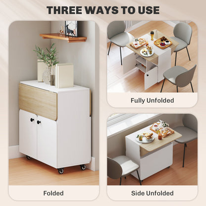 HOMCOM Folding Dining Table, Rolling Drop Leaf Table with Hidden Shelf & Cabinet for Dining Room, Small Spaces, White
