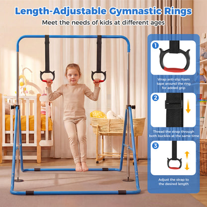 The gymnastic rings with an instructional guide on how to adjust the strap length