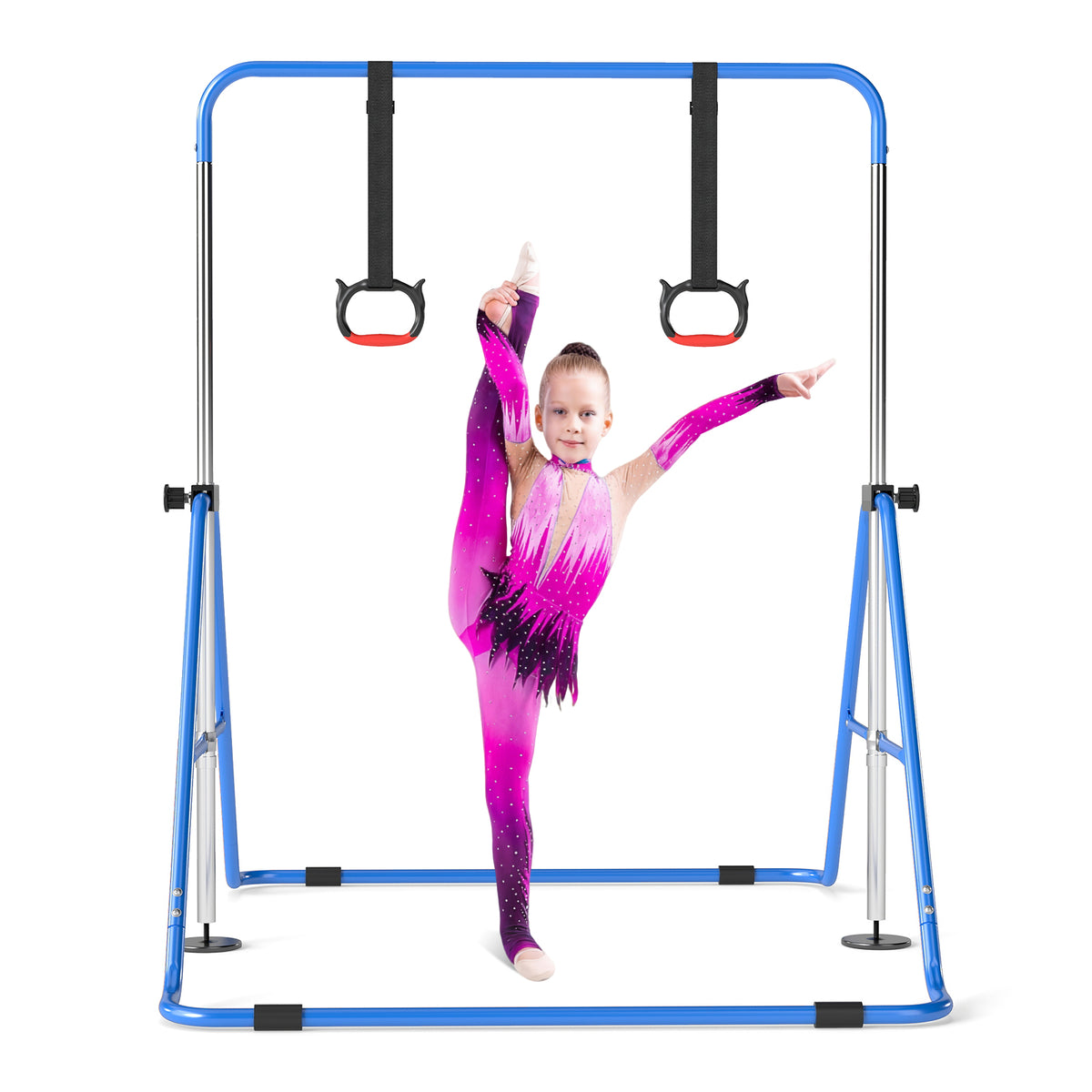 The gymnastic frame with a child in a leotard performing a vertical leg split