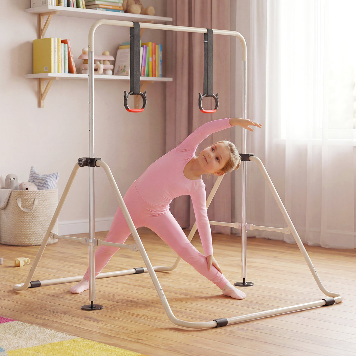 A girl in a pink leotard stretching on the gymnastic bar