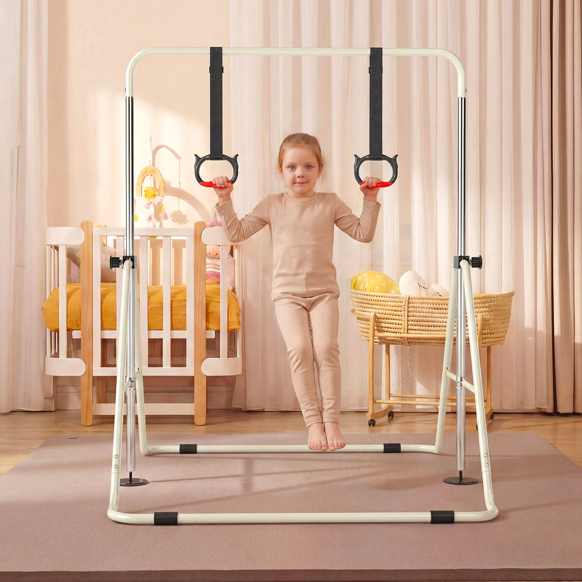A young girl in beige clothing using the gymnastic bar with rings