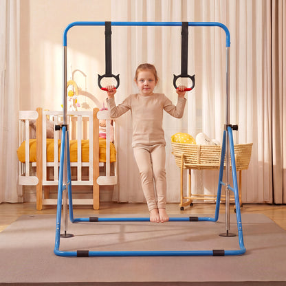 The navy gymnastic bar with a child hanging from the attached rings in a bedroom setting
