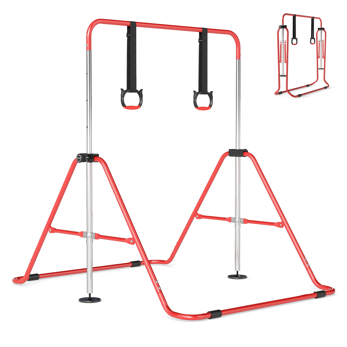 Expandable Gymnastic Bar for kids in red with two gymnastic rings attached