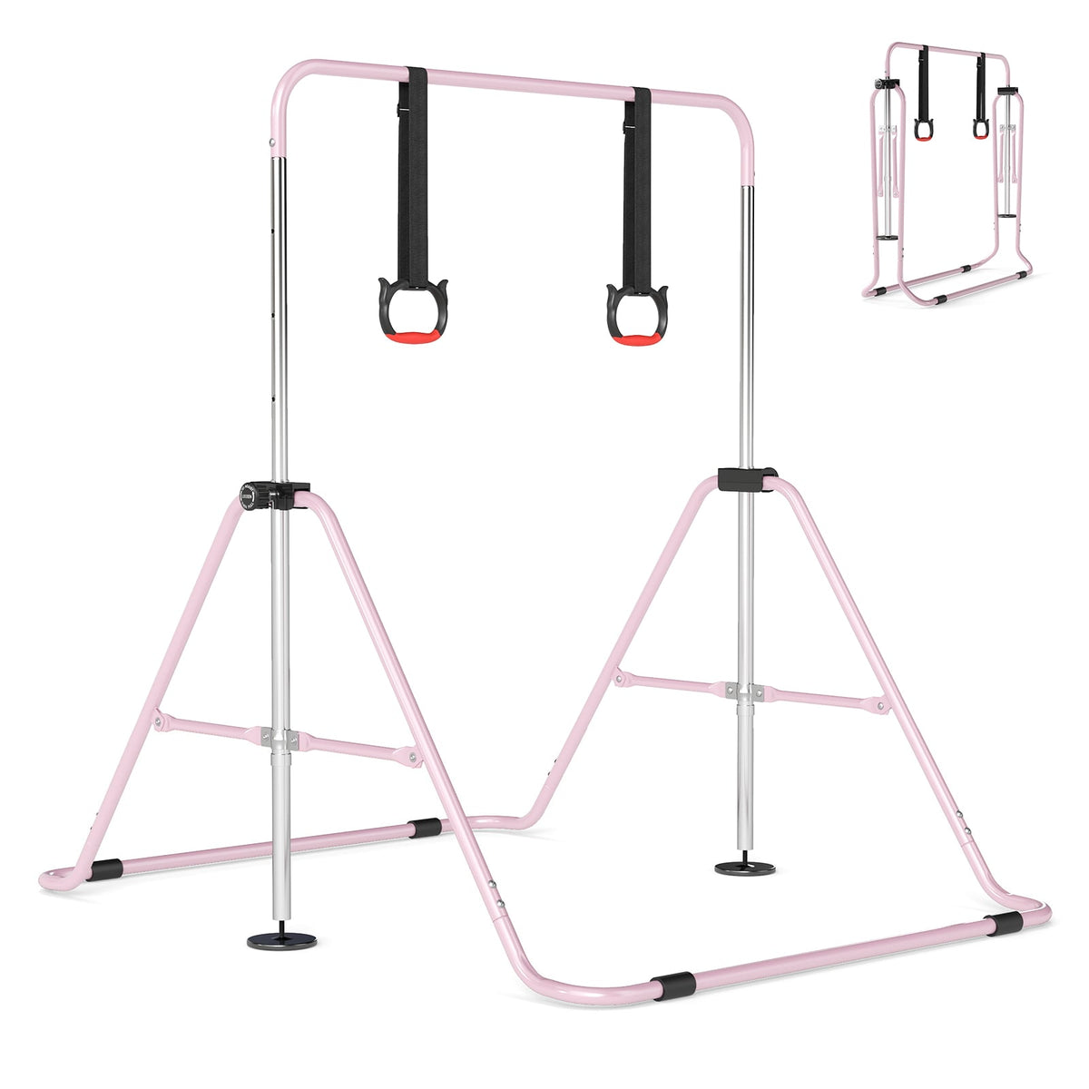 Expandable Gymnastic Bar for Kids in pink with gymnastic rings attached