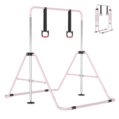 Expandable Gymnastic Bar for Kids in pink with gymnastic rings attached