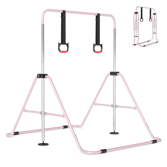 Expandable Gymnastic Bar for Kids in pink with gymnastic rings attached