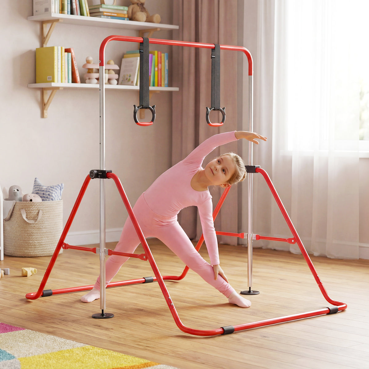 A girl in pink activewear stretching on the red gymnastics bar in a room