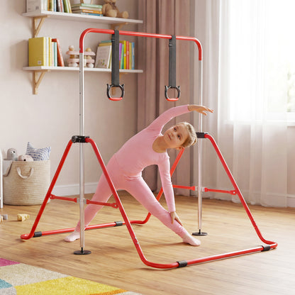 A girl in pink activewear stretching on the red gymnastics bar in a room