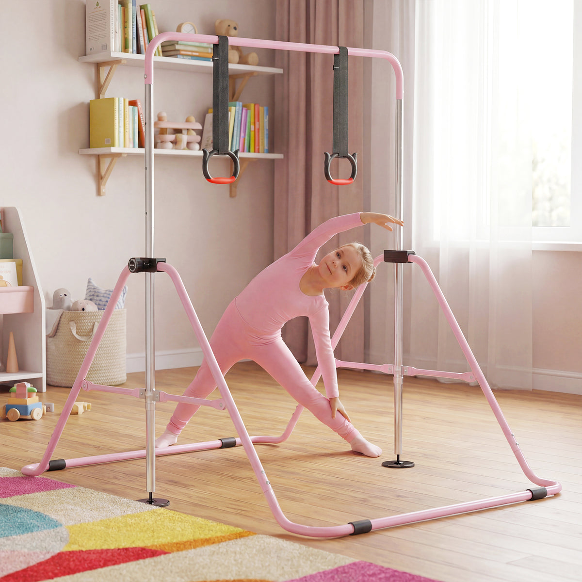 A girl in a pink leotard stretches next to the gymnastics bar