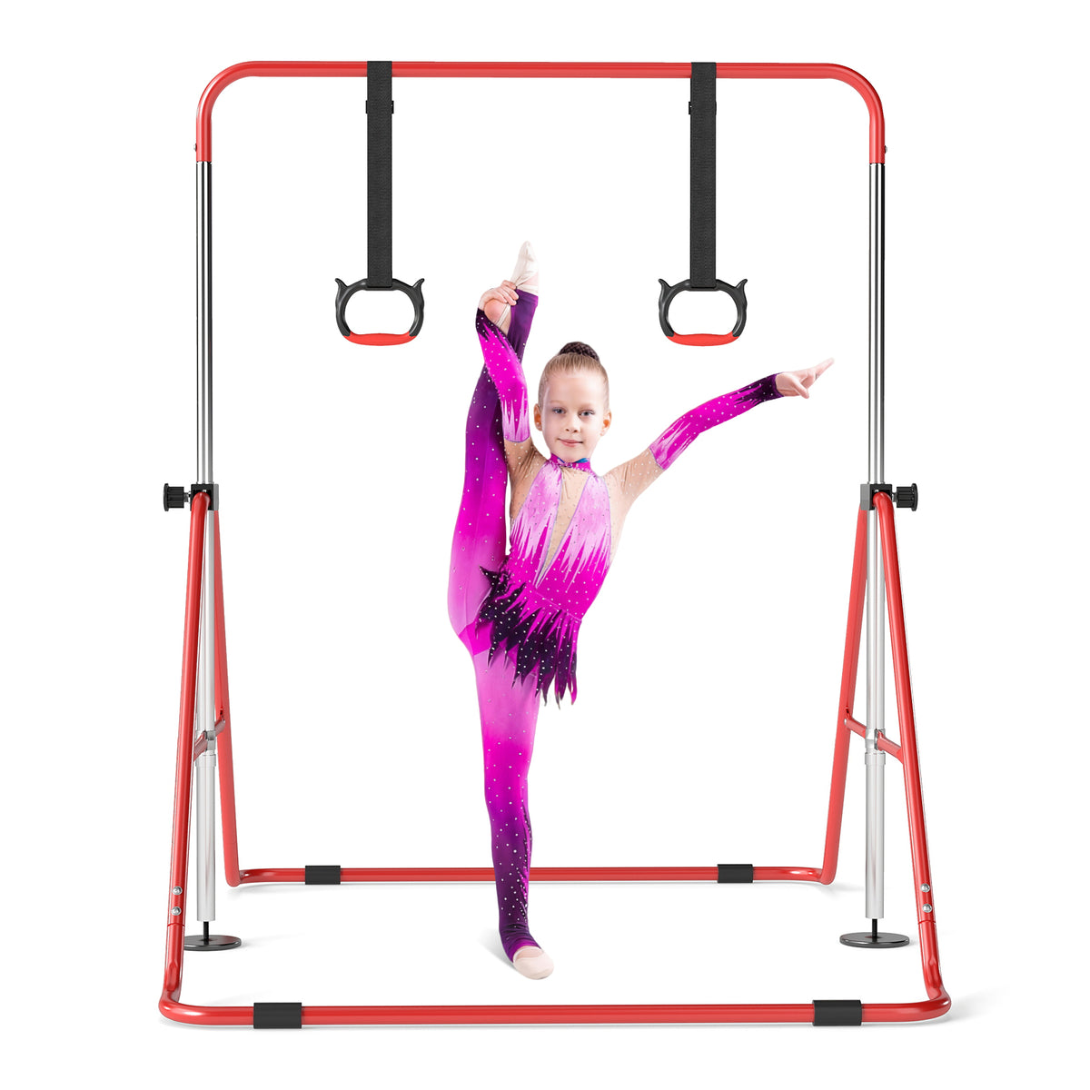 A girl in a sparkly leotard performs a split on the red gymnastics bar