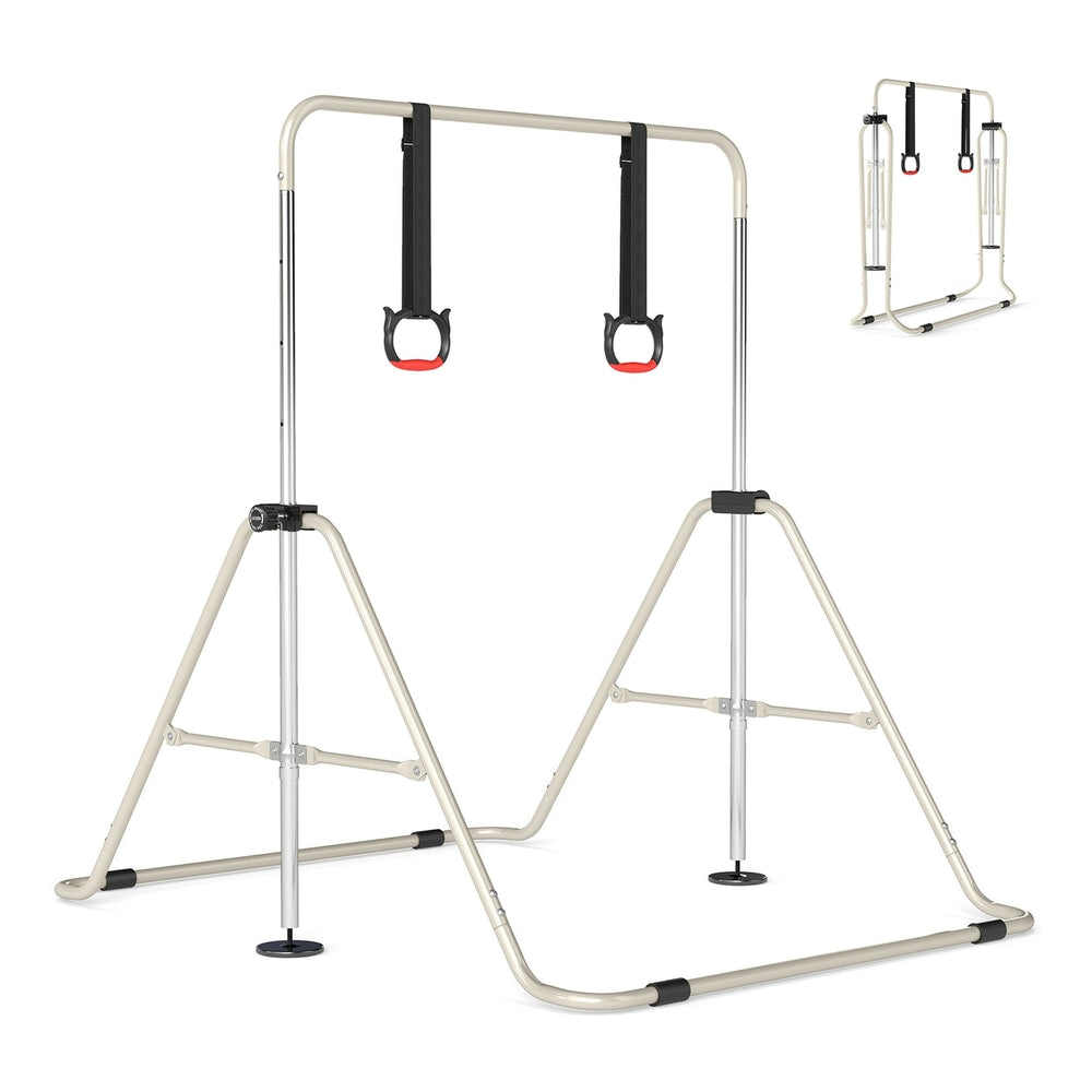 Expandable Gymnastic Bar for Kids in beige with adjustable height and gymnastic rings