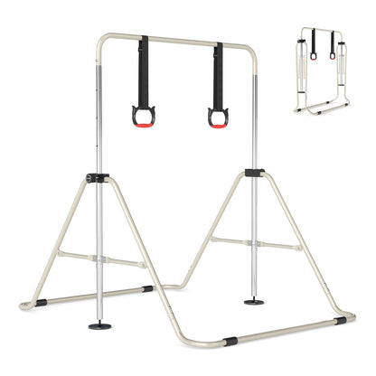 Expandable Gymnastic Bar for Kids in beige with adjustable height and gymnastic rings