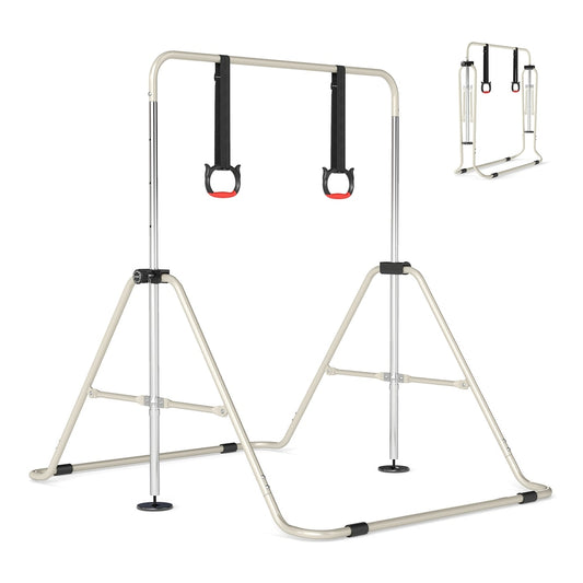 Expandable Gymnastic Bar for Kids in beige with adjustable height and gymnastic rings