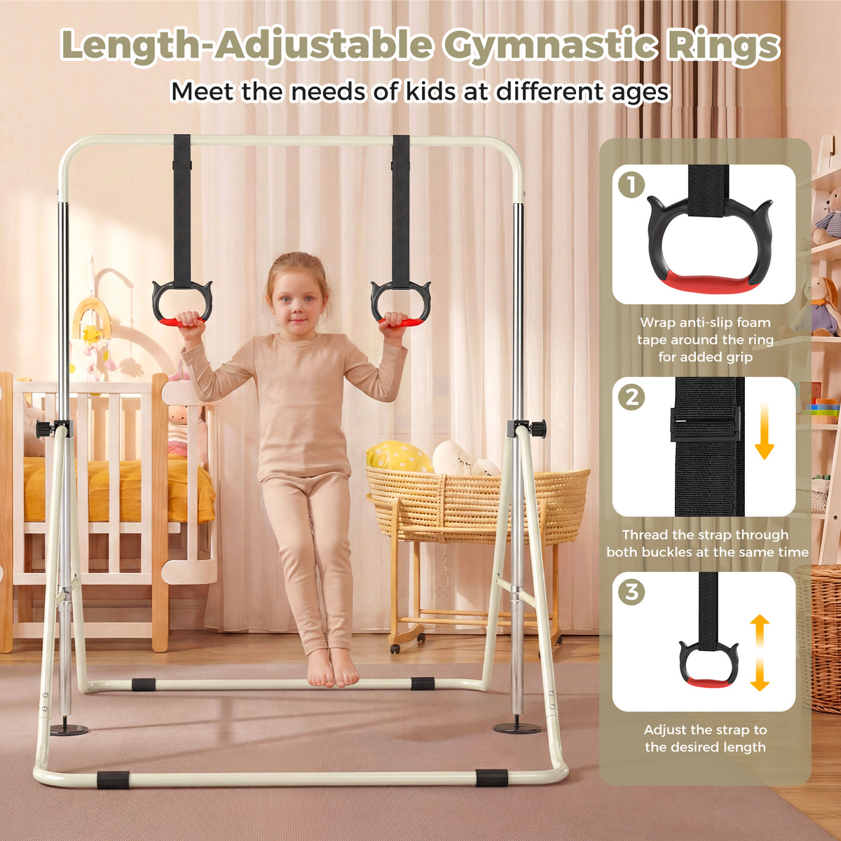 Close-up of the adjustable gymnastic rings and straps on the bar
