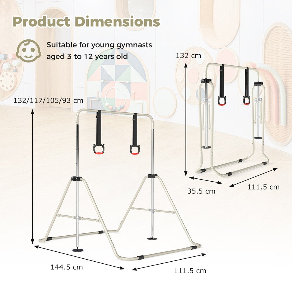 Product dimensions diagram for the beige expandable gymnastic bar