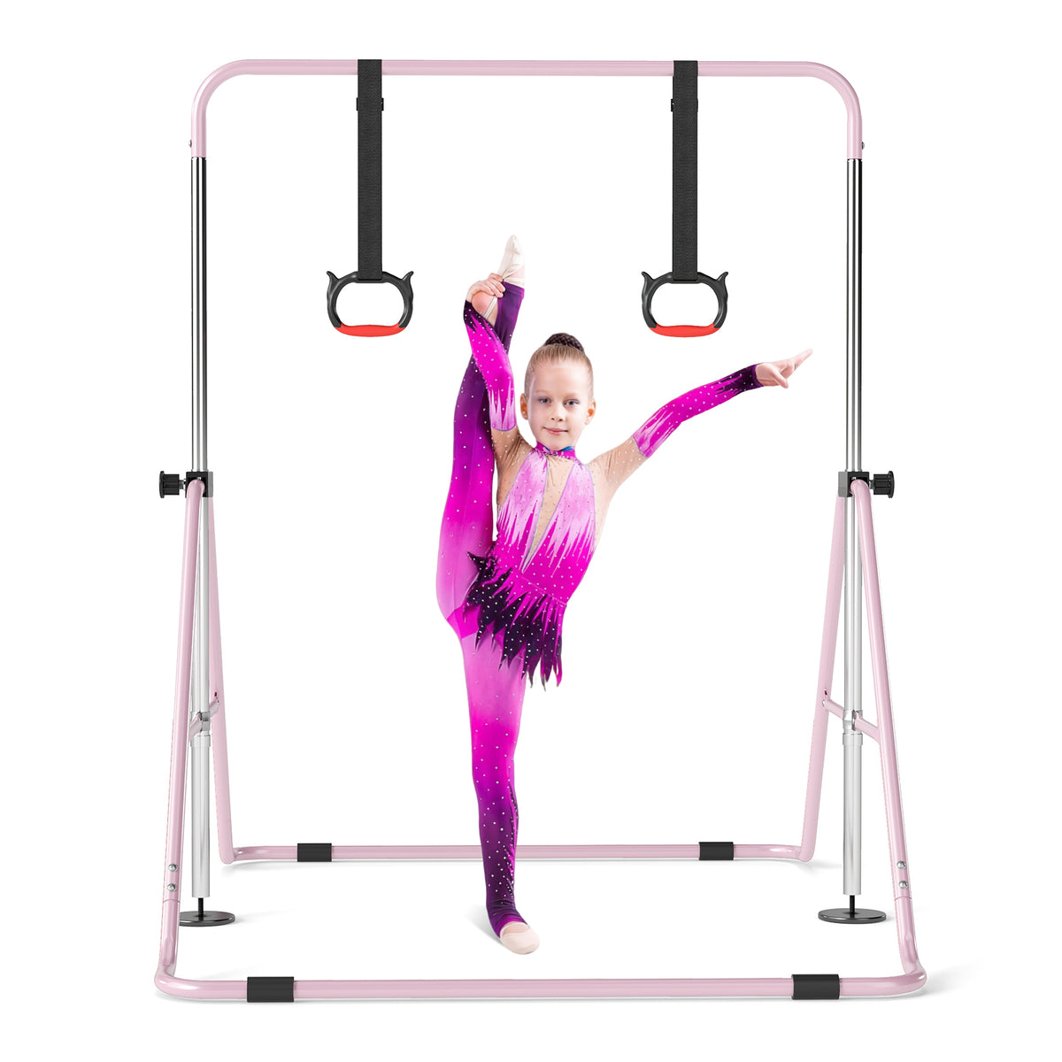 A girl in a sparkly leotard performs a split on the gymnastics bar