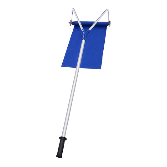 Extendable Snow Shovel Roof Rake with a blue slide and long metal handle on a white background
