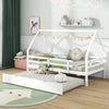 Kids House Bed with Trundle with Full Length Safety Guardrails and Roof-White-Twin size