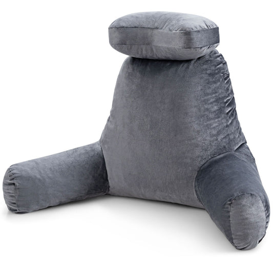 Extra Large Bed Rest Reading Pillow with detachable neck roll in grey velvet fabric