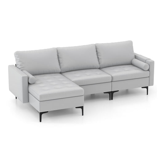 Extra Large L-Shaped Sofa with 4 USB Ports, light grey fabric with tufted seat cushions and metal legs
