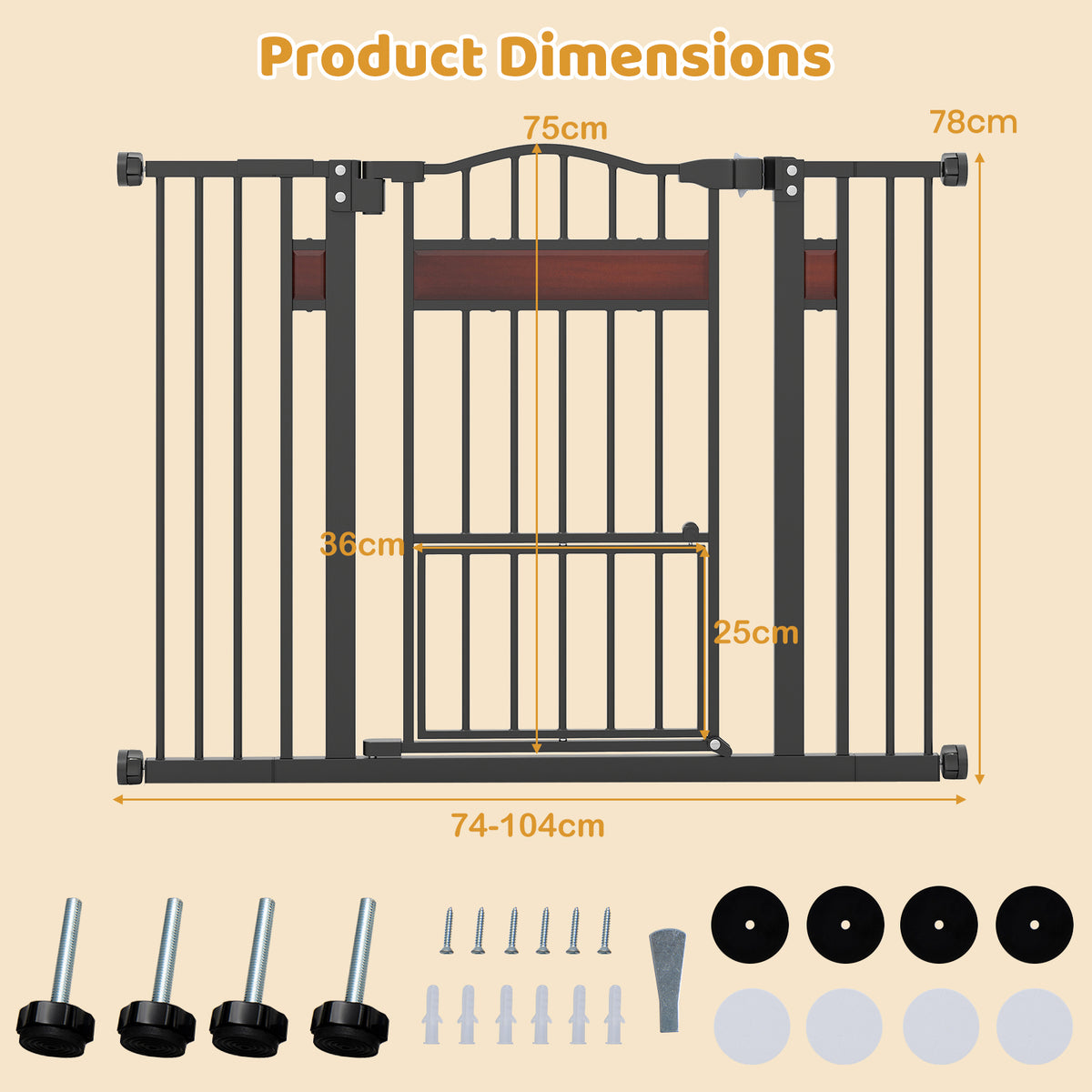 The black pet gate with dimensions shown in cm and inches
