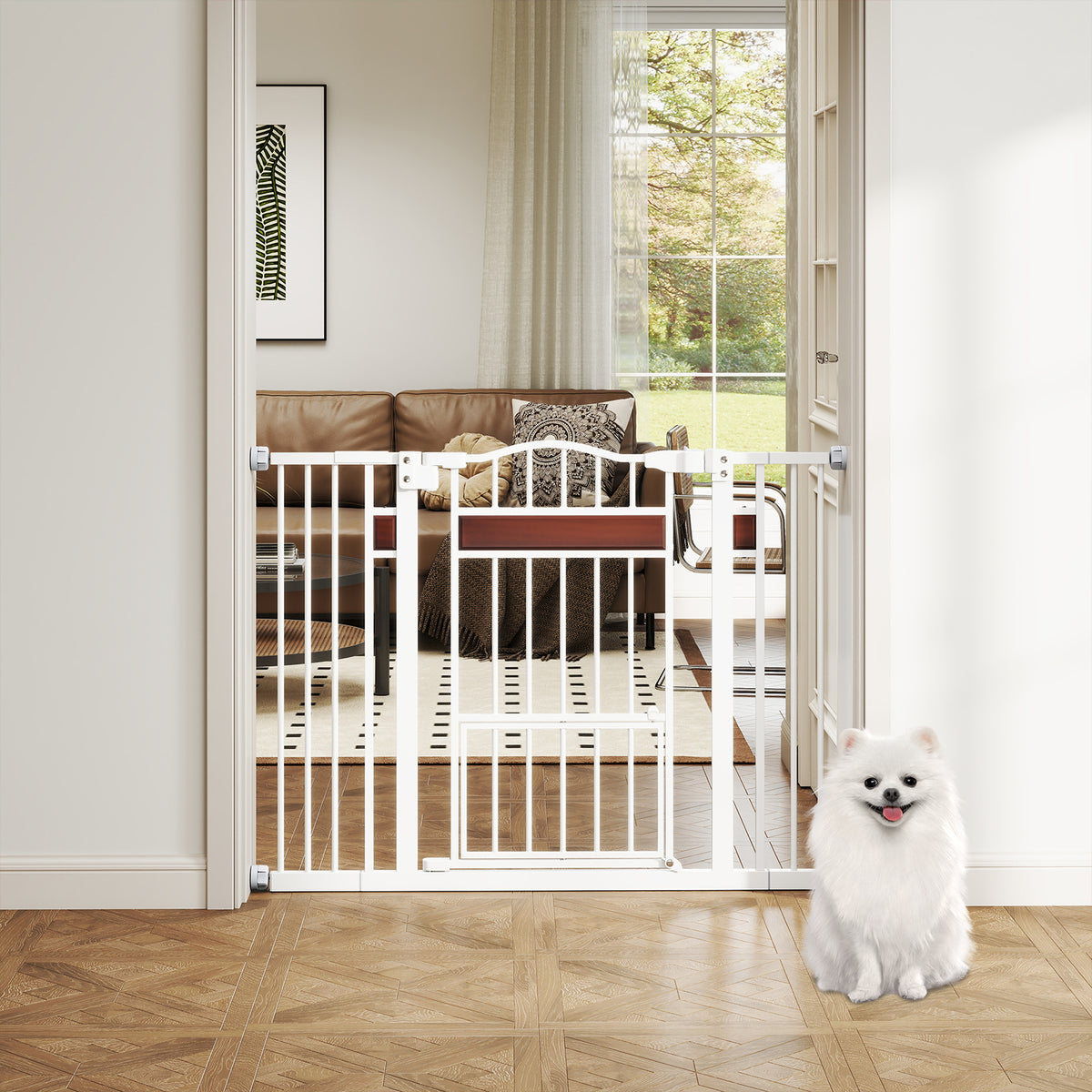 The white pet gate is positioned in a doorway leading to a living room with a small dog