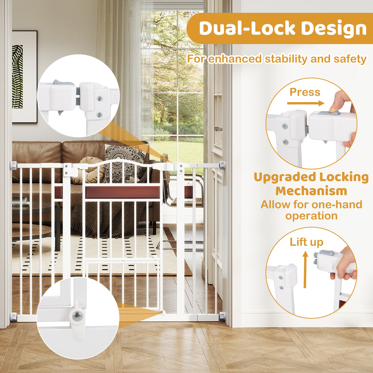Close up of the white pet gate showing the locking mechanism and how to operate the latch