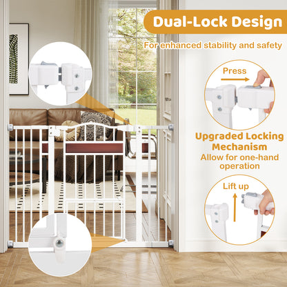 Close up of the white pet gate showing the locking mechanism and how to operate the latch